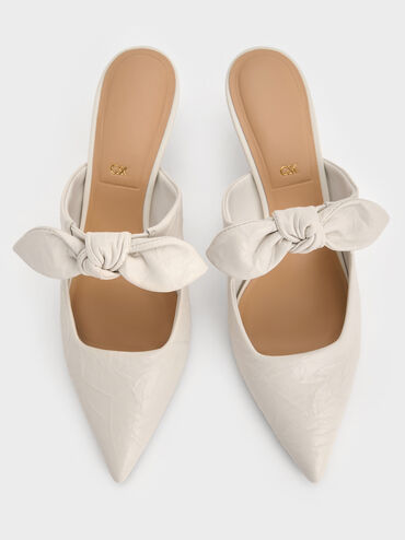 Jayce Crinkle-Effect Leather Knot-Bow Kitten-Heel Mules, White, hi-res