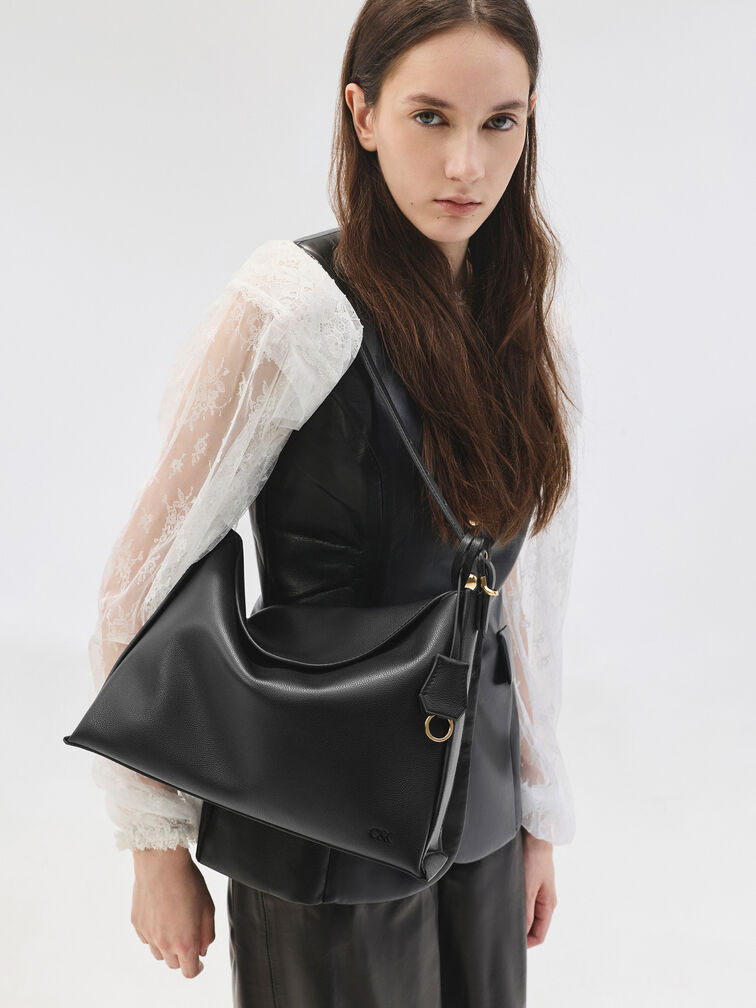 Leather Top-Flap Hobo Bag, Black, hi-res
