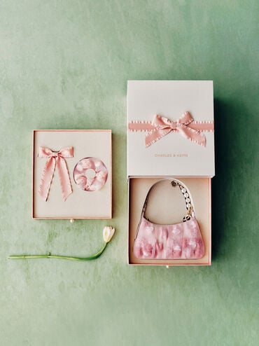 Gift Set: Floral-Mesh Pearl-Strap Shoulder Bag, Light Pink, hi-res