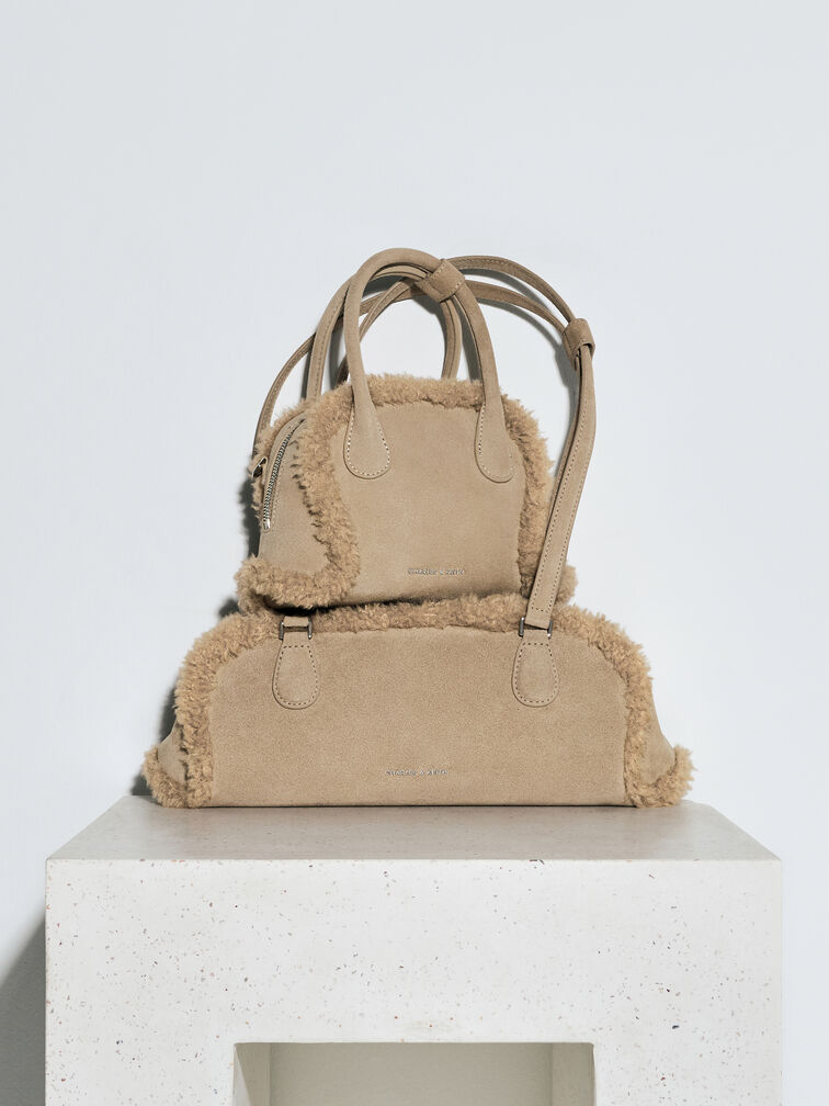 Nelly Recycled Suede & Faux Shearling Bowling Bag, Nutmeg Beige, hi-res