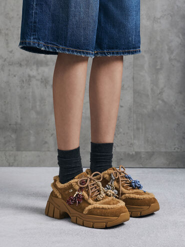 Yunna Suede & Faux Shearling Chunky Sneakers, Brown, hi-res