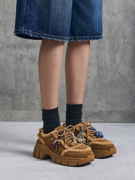 Yunna Suede & Faux Shearling Chunky Sneakers, Brown, hi-res