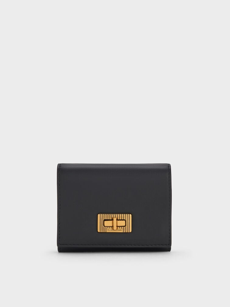Edna Turn-Lock Knotted-Strap Wallet, Black, hi-res