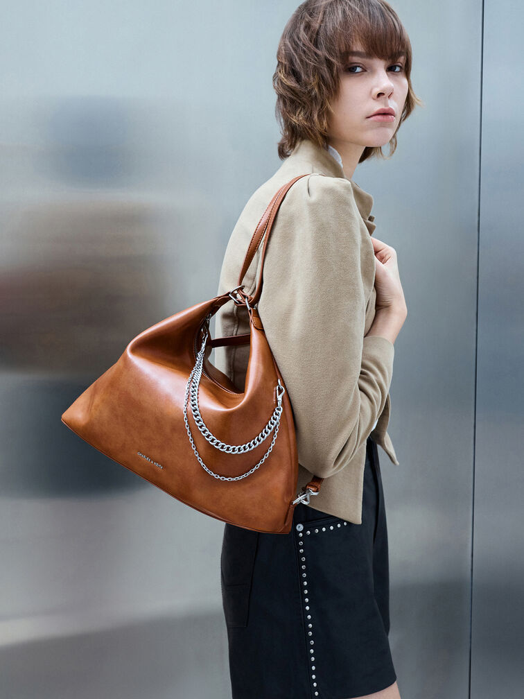 Atwood Chain Hobo Bag, Distressed Tan, hi-res