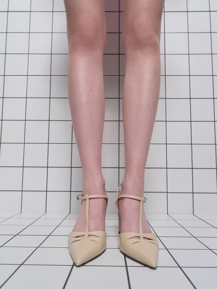 Leather Snake-Print T-Bar Pointed-Toe Pumps, Animal Print Sand, hi-res