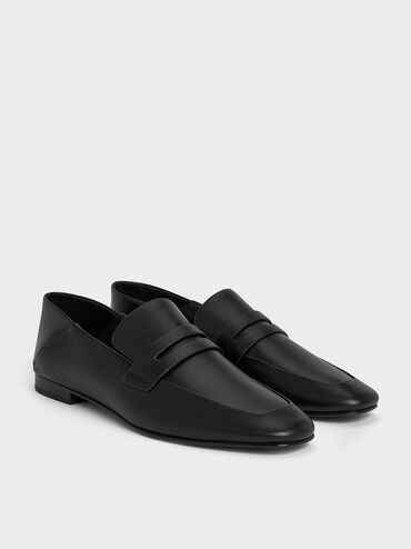 Almond-Toe Penny Loafers, Black, hi-res