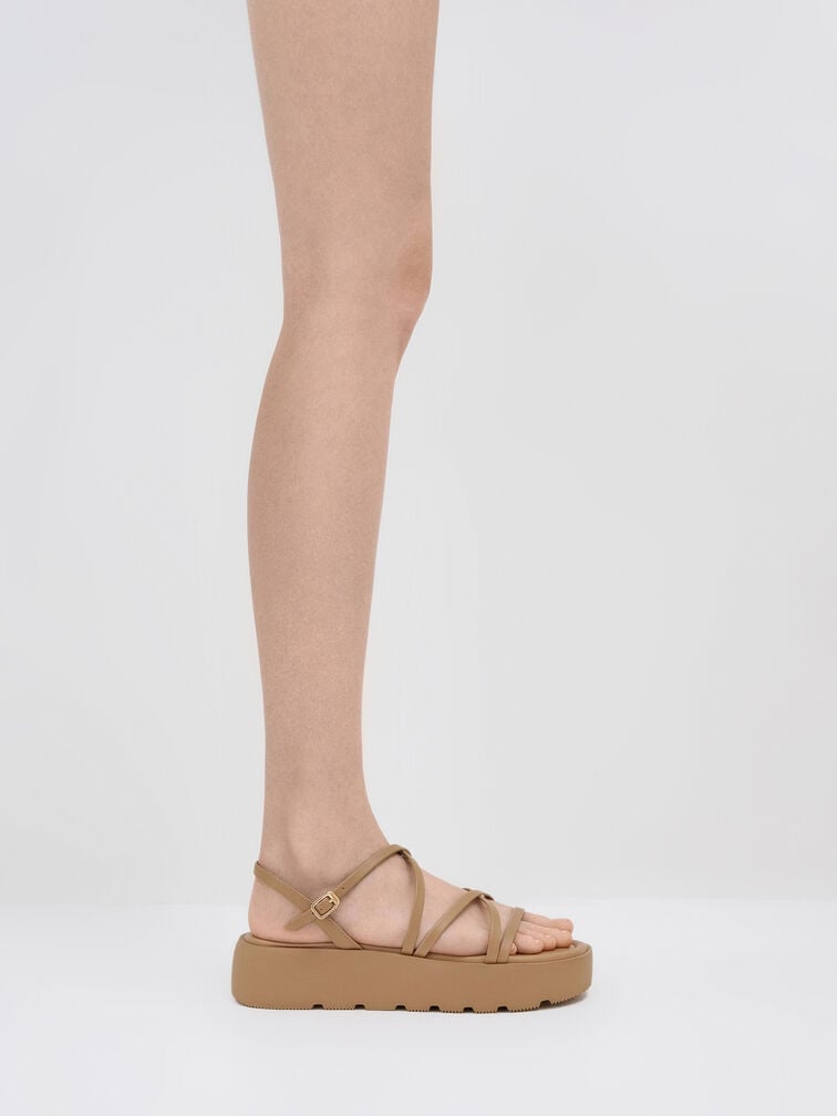 Strappy Ridged-Sole Flatform Sandals, Taupe, hi-res