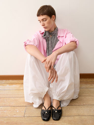 Pearl-Accent Bow Flat Mules, Black Box, hi-res