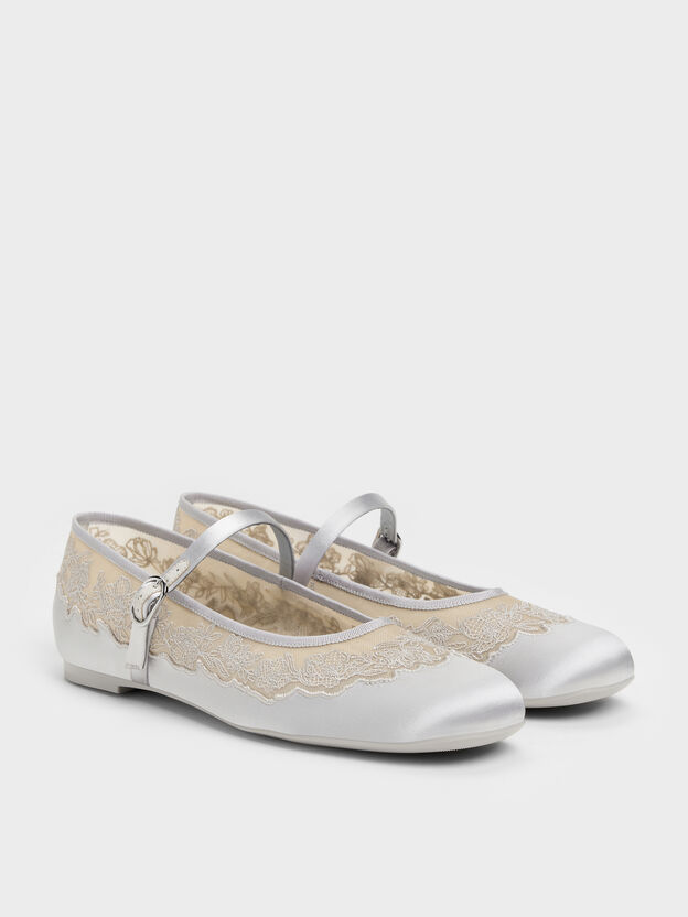 Satin Embroidered-Mesh Mary Jane Flats, Silver, hi-res