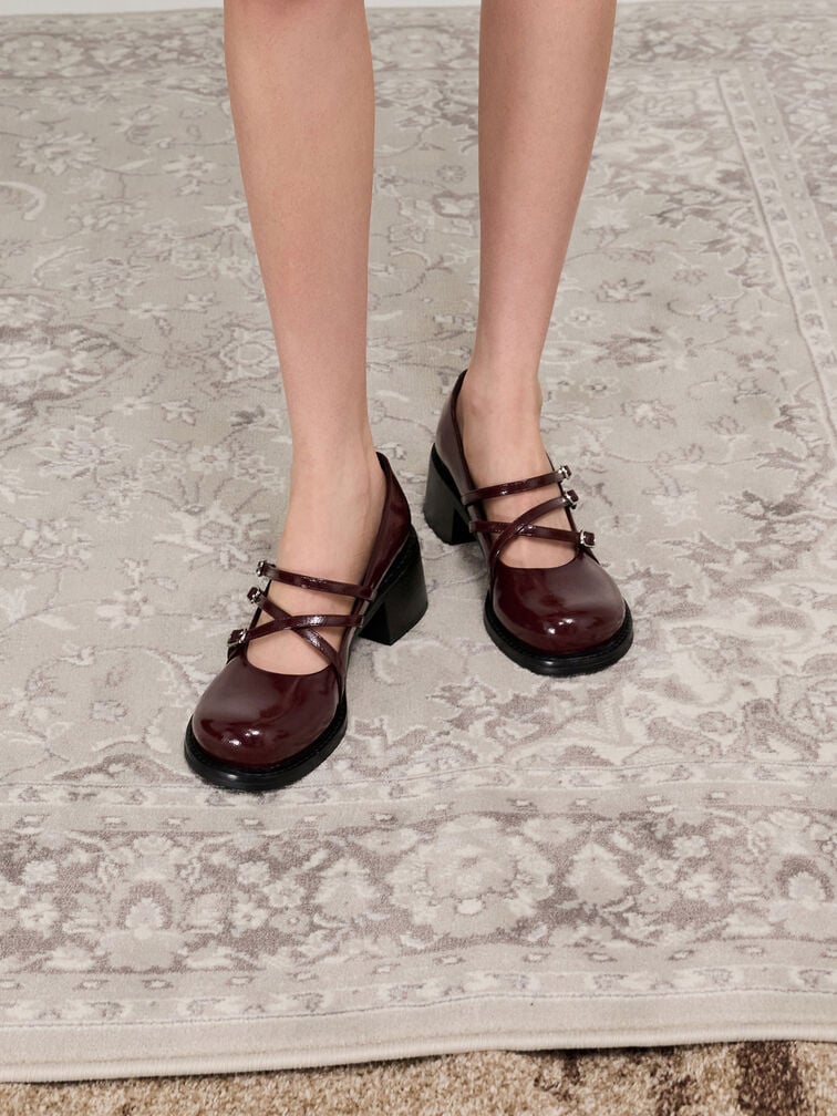 Patent Triple-Strap Crossover Block-Heel Mary Janes, Burgundy, hi-res