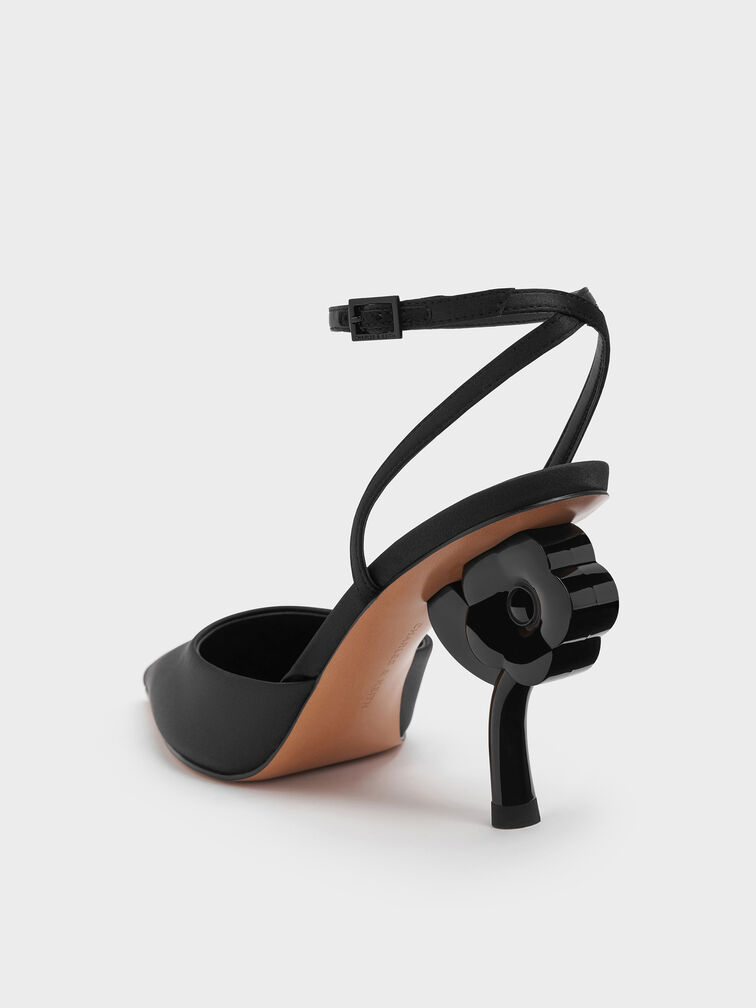 Pointed Flower-Heel Ankle-Strap Pumps, Black Textured, hi-res