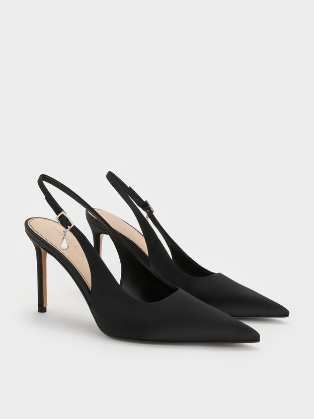 Teardrop-Crystal Pointed Slingback Pumps, Black Textured, hi-res