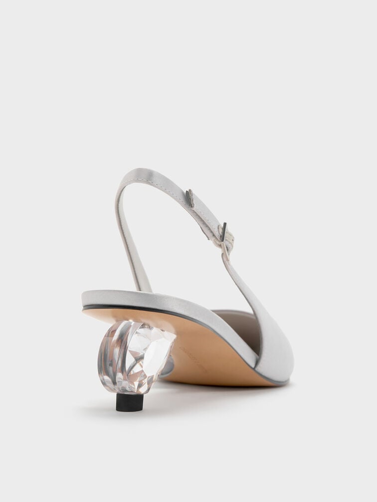 Satin Pointed-Toe Crystal-Heel Slingback Pumps, Silver, hi-res