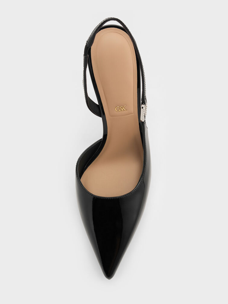 Patent Leather Crystal-Buckle Slingback Pumps, Black Patent, hi-res