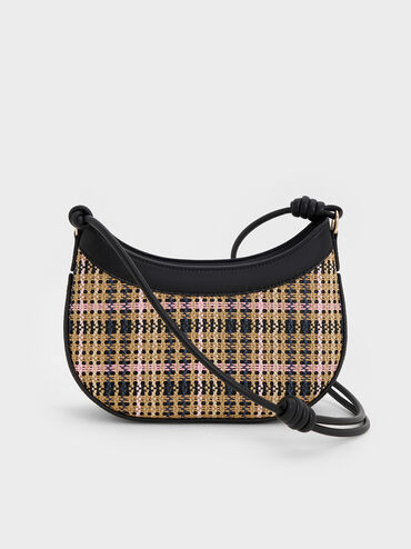 Sabine Tartan Knotted-Strap Curved Shoulder Bag, Tartan Straw, hi-res