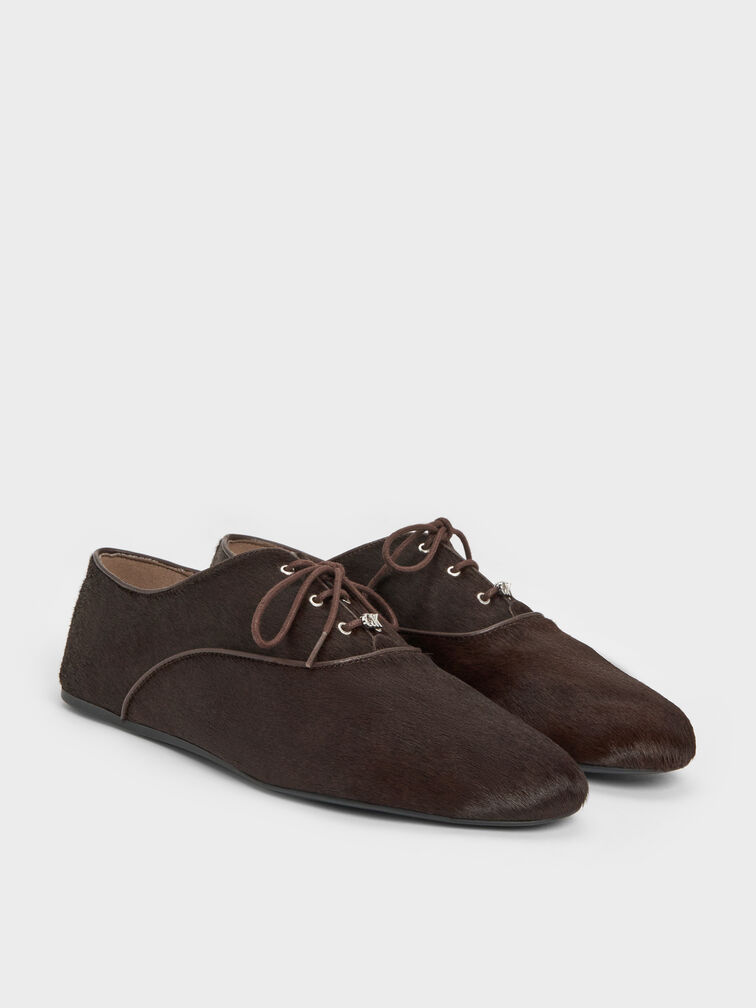 Pippa Calf Hair Derby Flats, Dark Brown Textured, hi-res