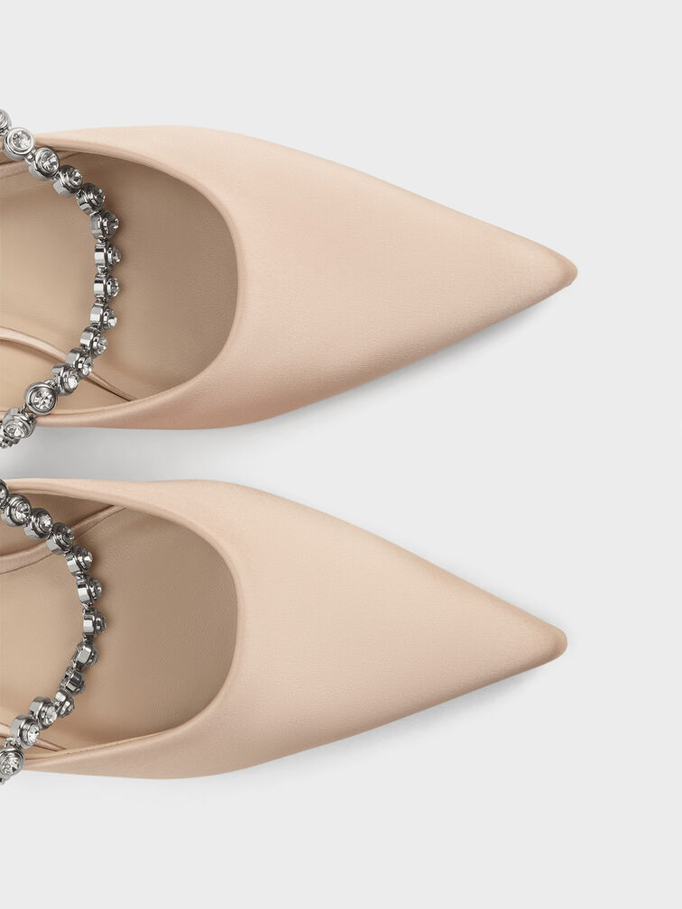 Flores Recycled Polyester Gem-Strap Metallic Flat Mules, Beige, hi-res