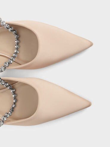 Flores Recycled Polyester Gem-Strap Metallic Flat Mules, Beige, hi-res