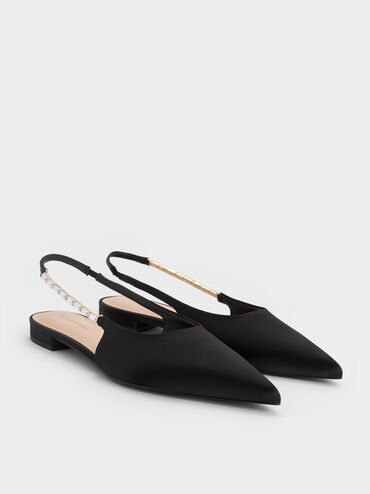 Satin Crystal-Embellished Strap Slingback Flats, Black Textured, hi-res