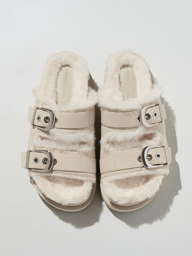 Hannah Furry Buckled Double-Strap Sandals, Beige, hi-res