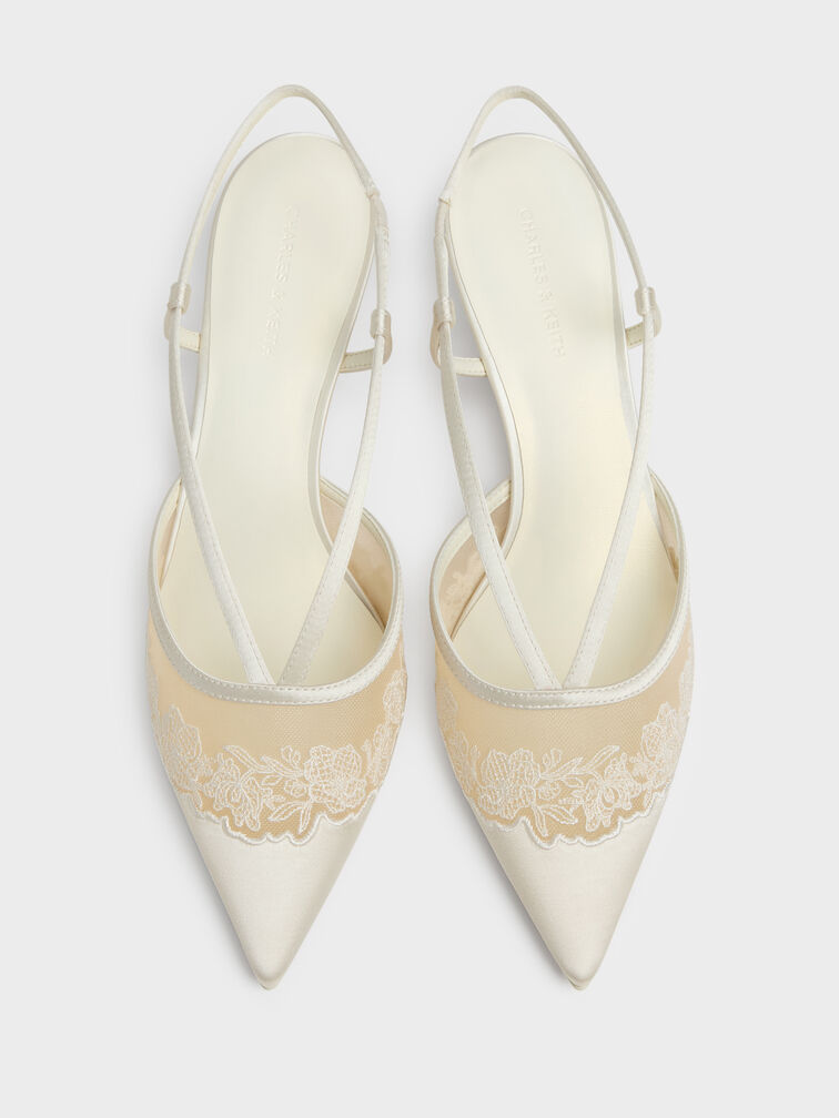 Satin Embroidered-Mesh Slingback Kitten Heels, White, hi-res