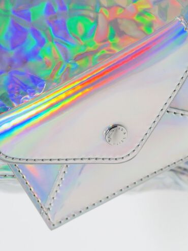 Matina Holographic Crinkle-Effect Elongated Tote Bag, Prism Silver, hi-res