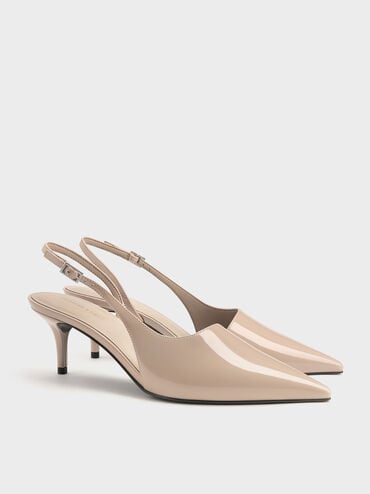 Patent Stiletto-Heel Pointed-Toe Slingback Pumps, Taupe, hi-res
