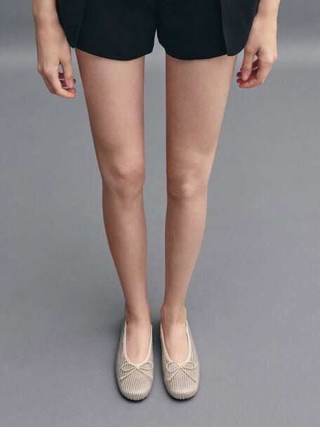 Satin Crystal-Pearl Bow Ballet Flats, Gold, hi-res