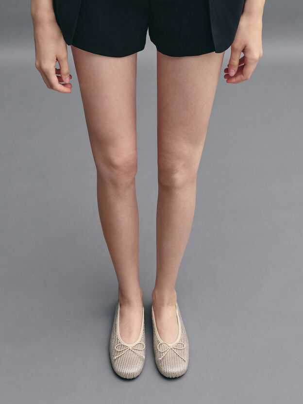Satin Crystal-Pearl Bow Ballet Flats, Gold, hi-res