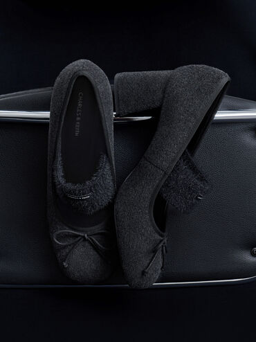 Winona Felt Bow Furry-Strap Mary Jane Pumps, Black Textured, hi-res