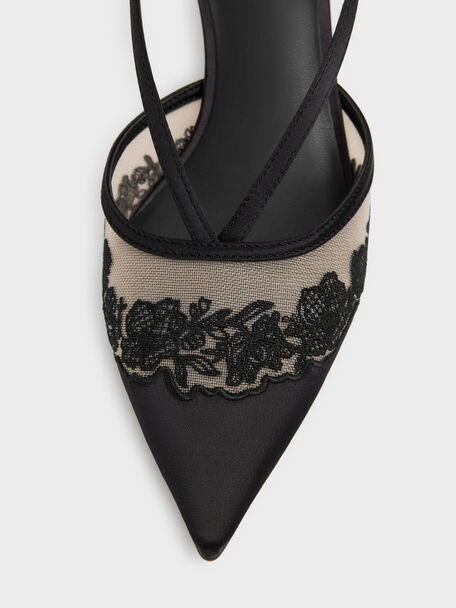 Satin Embroidered-Mesh Slingback Kitten Heels, Black Textured, hi-res
