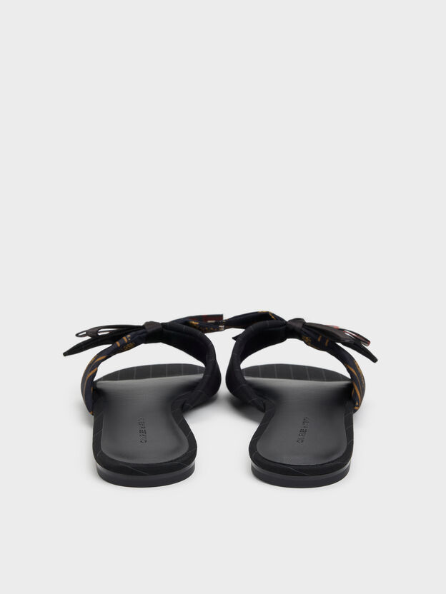 Satin Printed Bow Slide Sandals, Black Textured, hi-res