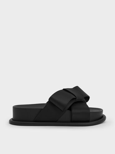 Satin Bow Flatform Sandals, Black Textured, hi-res