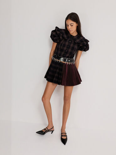 Patent Triple-Strap Pointed-Toe Kitten-Heel Slingback Pumps, Black Patent, hi-res