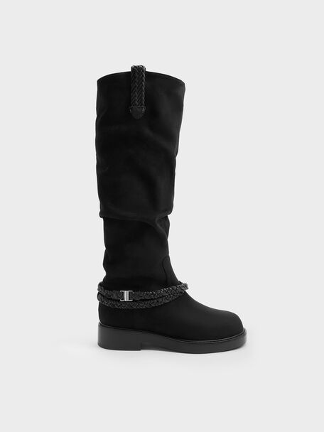 Franca Faux Suede Braided-Strap Knee-High Boots, Black Textured, hi-res