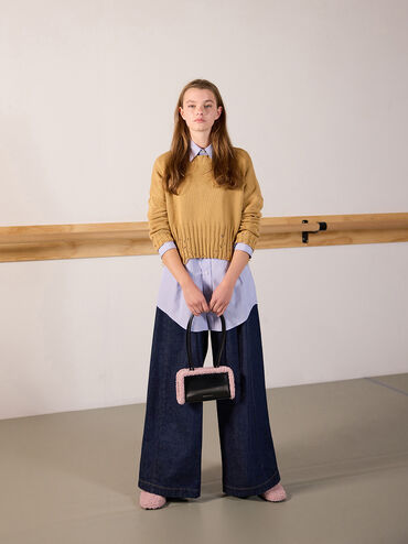 Fur-Trim Elongated-Handle Shoulder Bag, Pink, hi-res