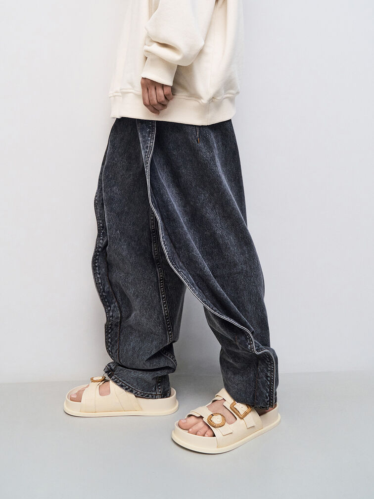 Woven-Buckle Double-Strap Sandals, Chalk, hi-res