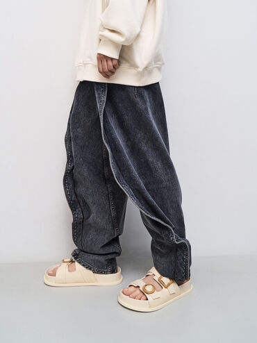 Woven-Buckle Double-Strap Sandals, Chalk, hi-res