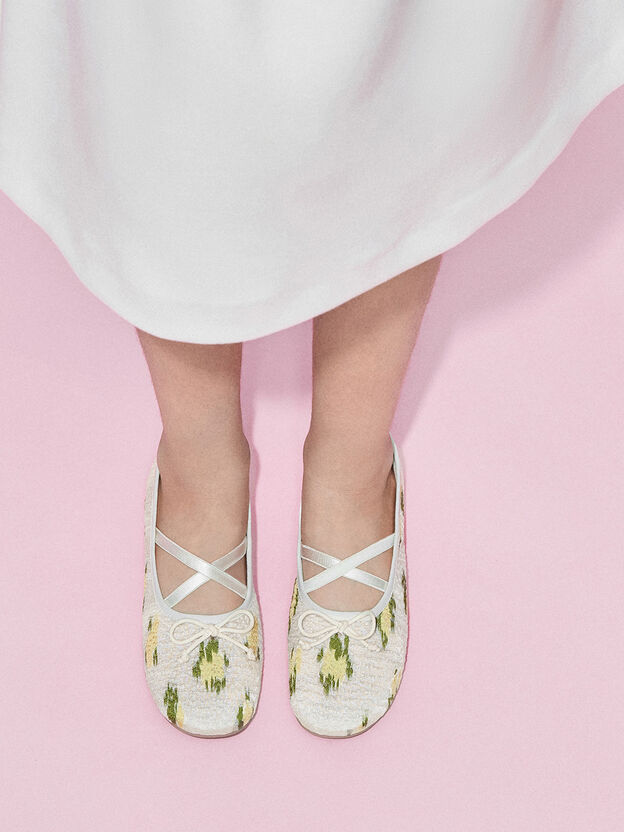 Girls' Mesh-Floral Crossover Ballet Flats, Multi, hi-res