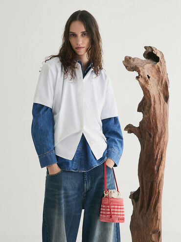 Girls' Ida Knitted Gingham Bucket Bag, Gingham Red, hi-res