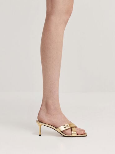 Cody Metallic Leather Crossover-Strap Heeled Sandals, Gold, hi-res