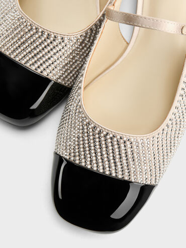 Pearl & Crystal-Embellished Cap-Toe Slingback Mary Jane Flats, Gold, hi-res