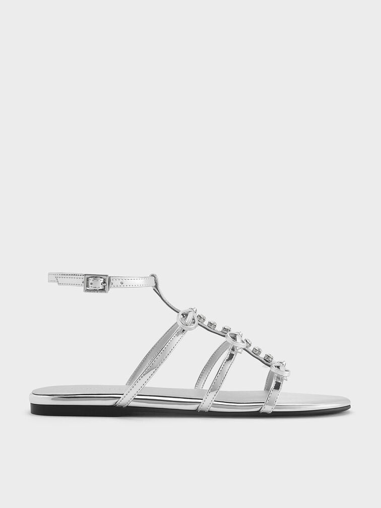 Metallic Gem-Embellished Bow T-Bar Sandals, Silver, hi-res