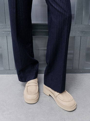Faux Suede Chunky-Sole Penny Loafers, Beige, hi-res