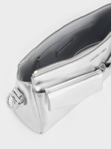 Rachel Elongated Front-Pocket Chain-Handle Bag, Silver, hi-res