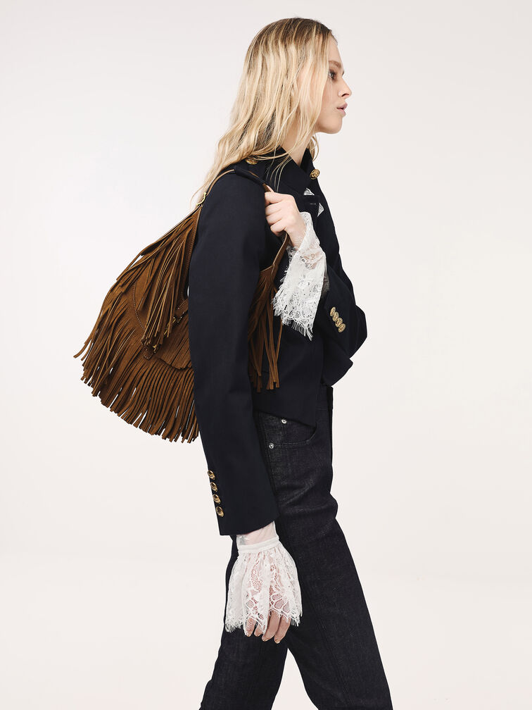 Cesia Recycled Suede Fringed Hobo Bag, Sienna Brown, hi-res