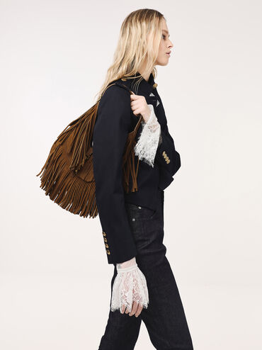 Cesia Recycled Suede Fringed Hobo Bag, Sienna Brown, hi-res