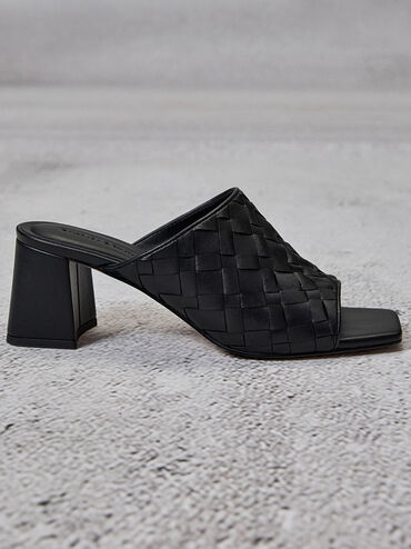 Ivette Woven Square-Toe Heeled Mules, Black, hi-res