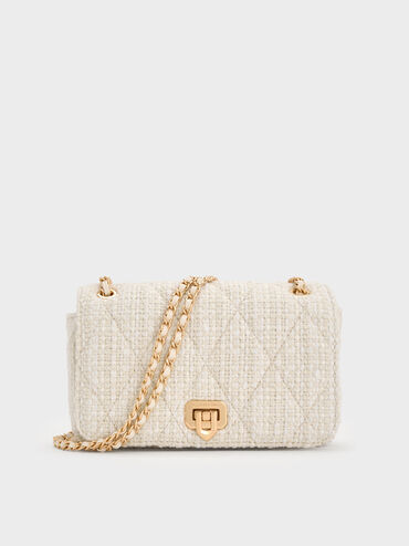 Arwen Tweed Diamond-Quilt Braided-Strap Shoulder Bag, Cream Tweed, hi-res