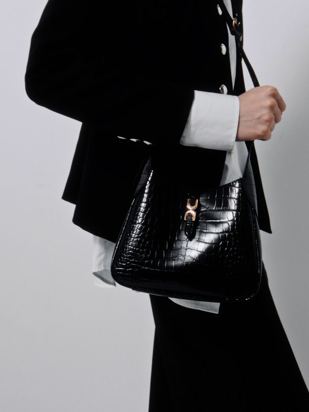 Mini Adalyn Croc-Effect Hobo Bag, Black Croco, hi-res